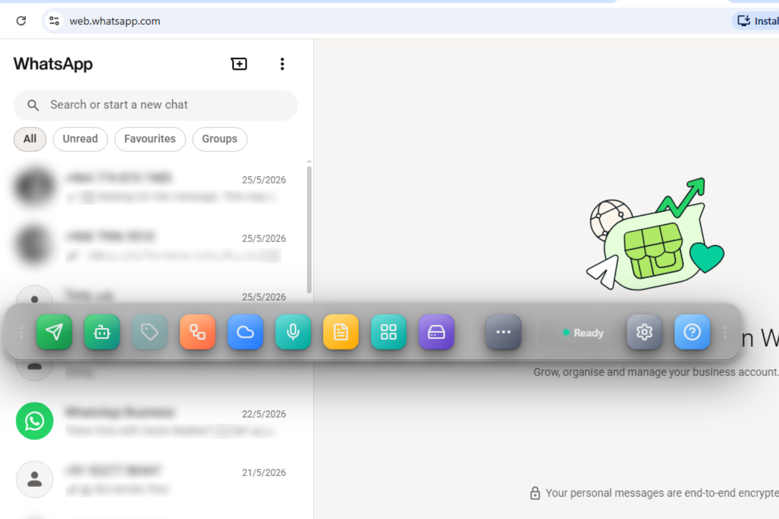 شريط WA Sender Plus مفتوحًا في WhatsApp Web