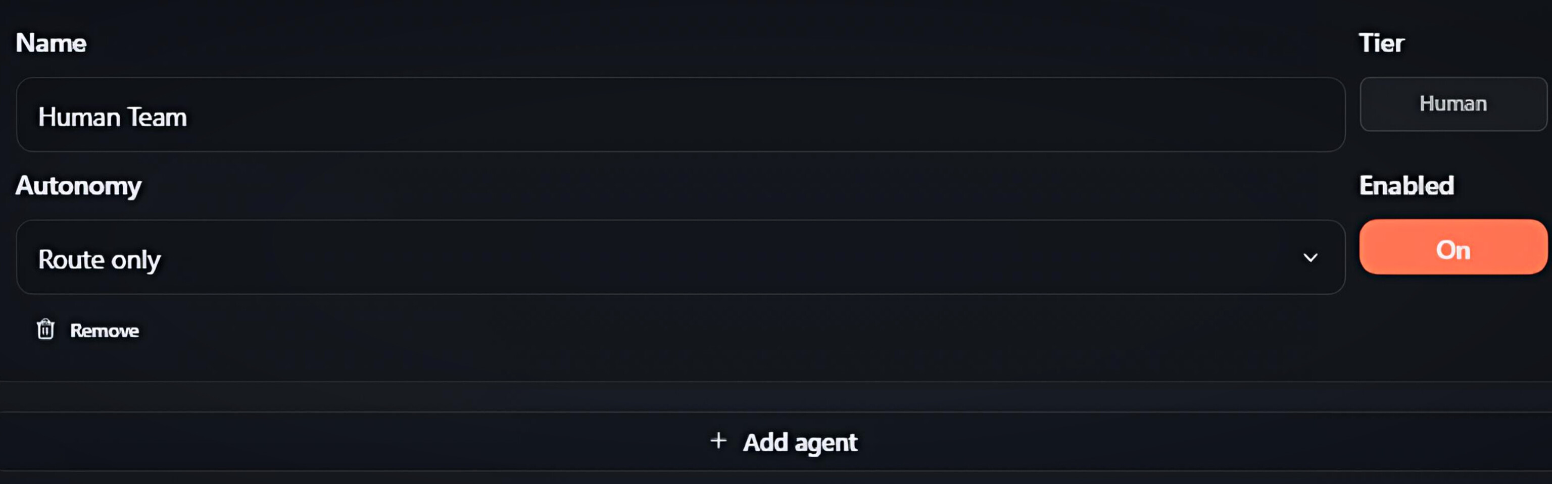 بطاقة وكيل Human على Route only، إلى جانب زرّ Add agent