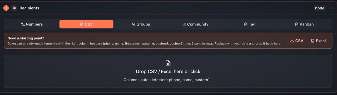 المستلمون ← CSV: نزّل قالبًا، اسحب ملفًا، وأعمدة مُكتشَفة تلقائيًا