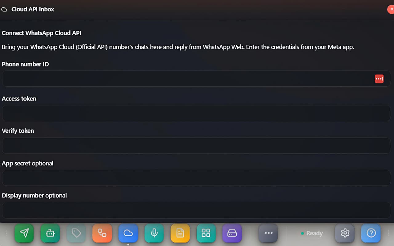The Connect WhatsApp Cloud API setup form with the credential fields.