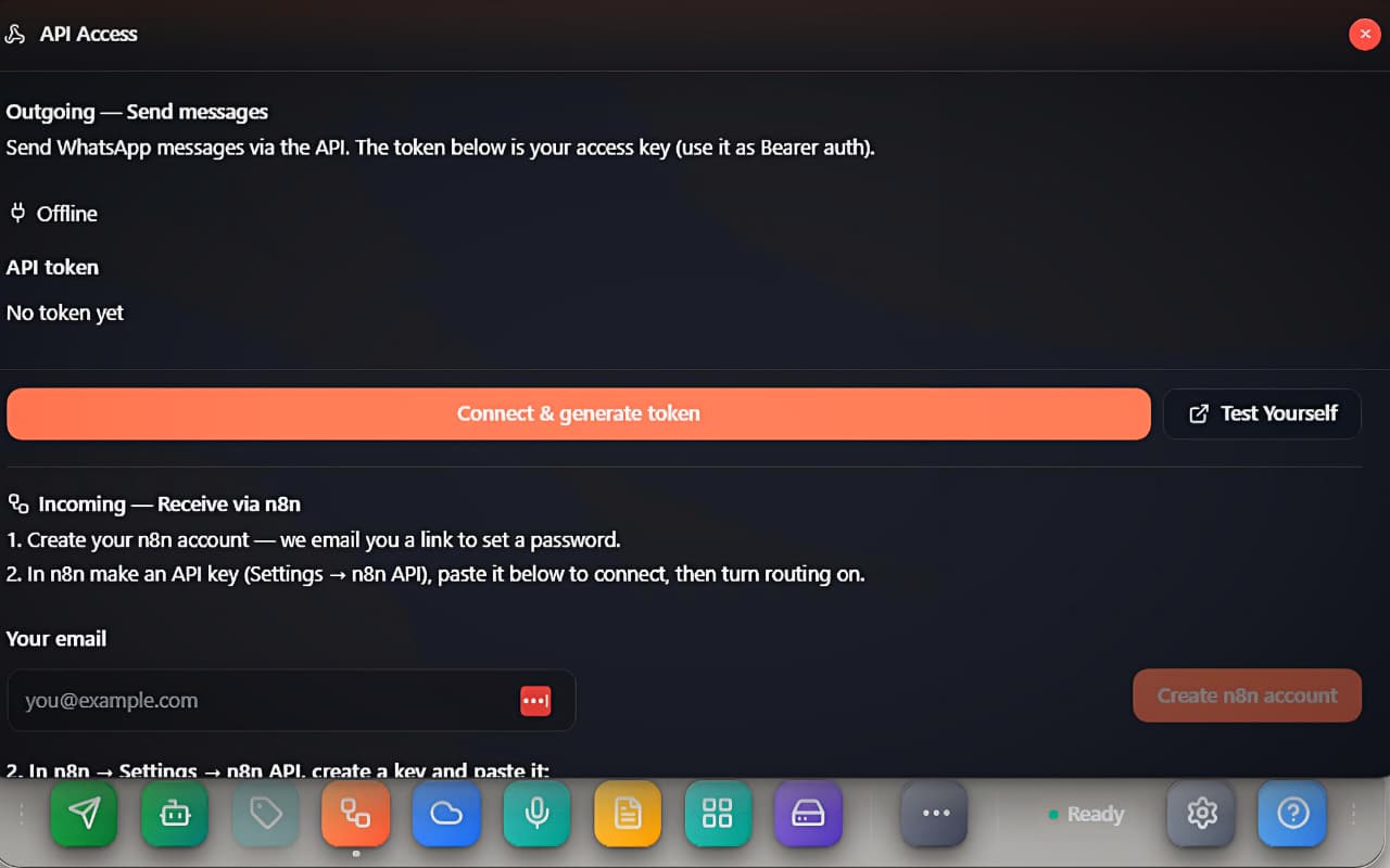 The API Access window — the Outgoing send API on top, the managed n8n incoming flow below