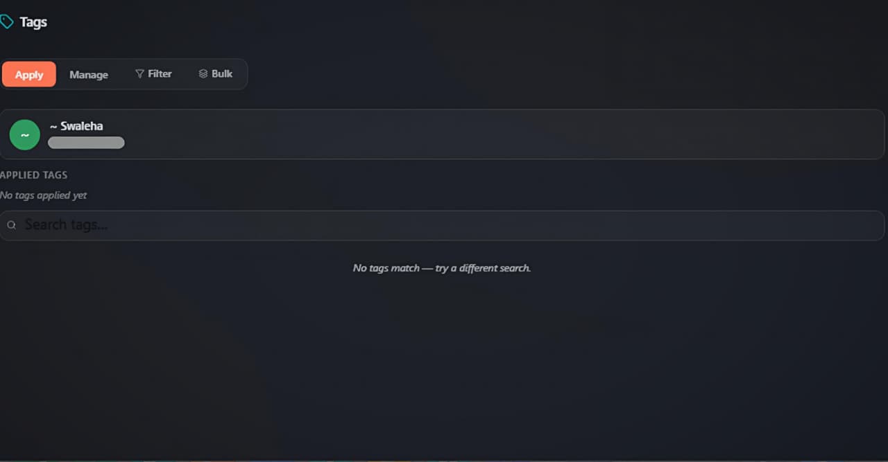 Apply tab: the open chat's identity card, applied tags and the searchable tag list