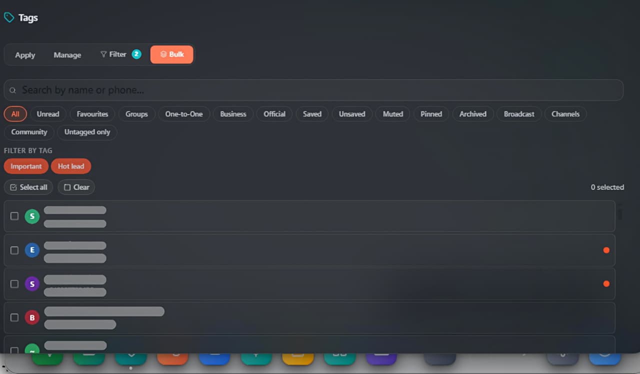Bulk tab: search, the 15 chat-type pills, filter-by-tag, select-all and the multi-select chat list with tag dots