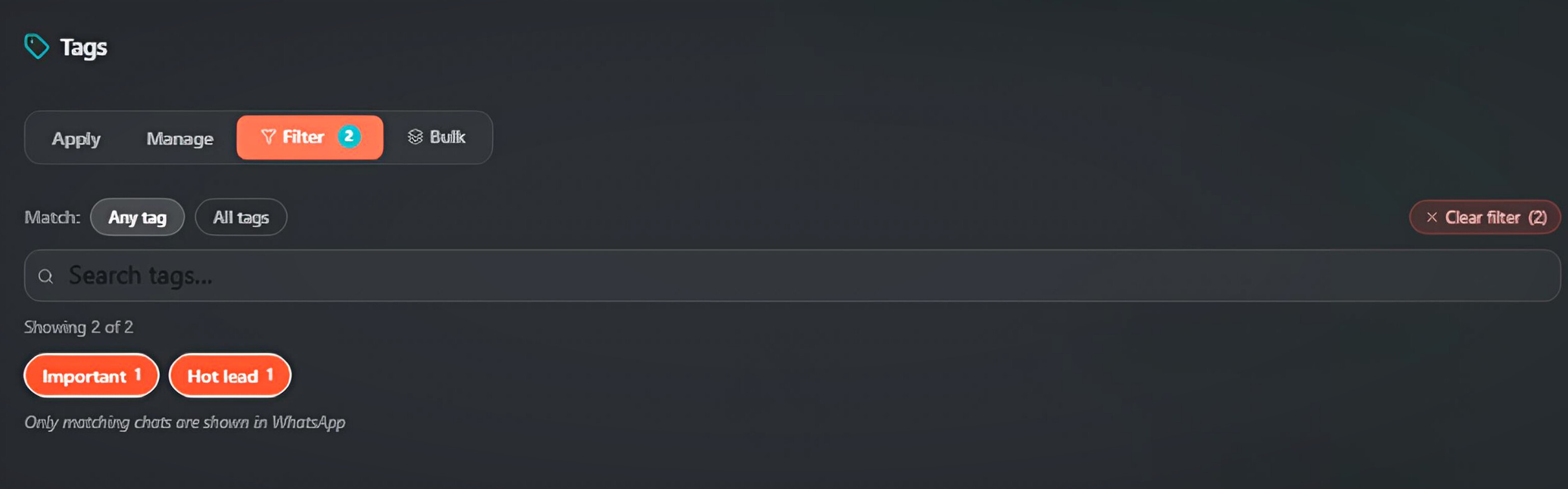 Filter tab: Any/All match toggle, clear filter, and the coloured tag chips with match counts