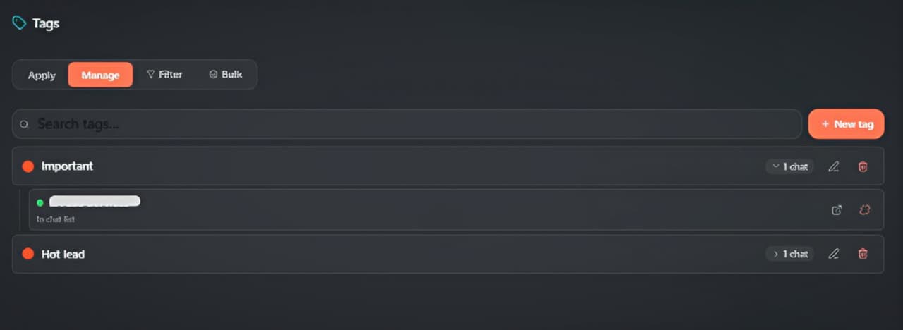 Manage tab: New tag button, tag rows with count pill, edit and delete, and an expanded chat drill-down
